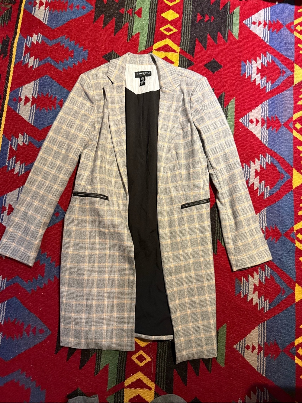 Kenneth Cole Light Gray and Pale Blue Plaid Longline Blazer